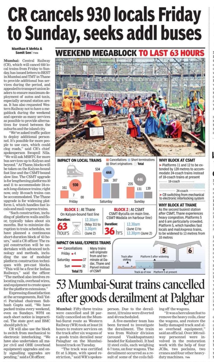 richapintoi's tweet photo. Central Railway has planned to cancel 930 trains from tomorrow ( May 31) upto June 2. This is owing to infrastructure upgrade at #Thane &amp; #CSMT. Please plan your travel accordingly starting tomorrow. https://t.co/UsVjwlt0qU