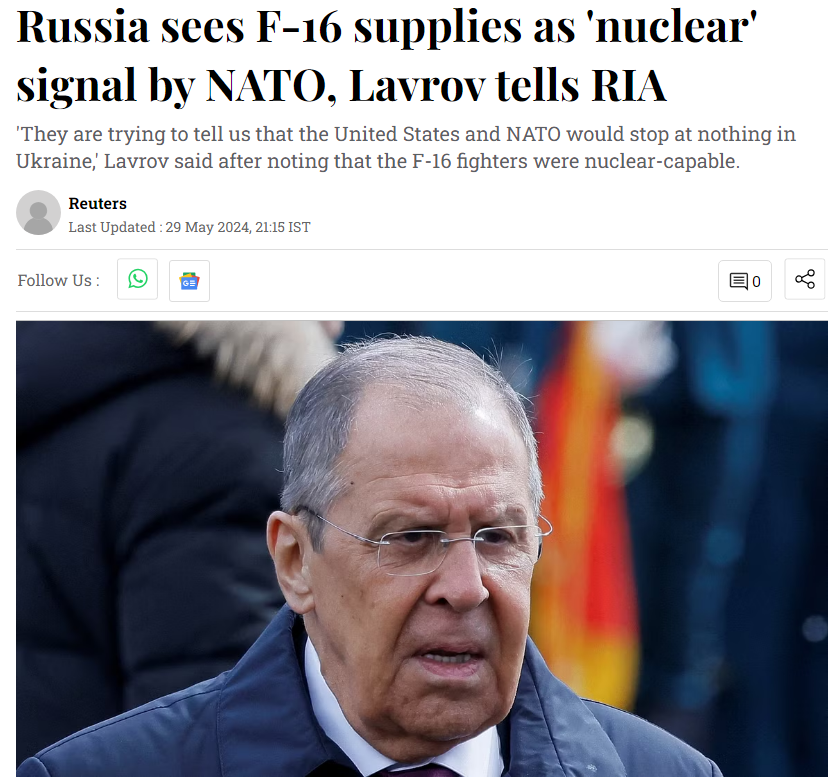 'Russia regards the planned supplies of F-16 fighters to Ukraine as a 'signal action' by NATO in the nuclear area, Russian Foreign Minister Sergei Lavrov told the RIA news agency in an interview on Thursday.' Read more at: deccanherald.com/world/russia-s…