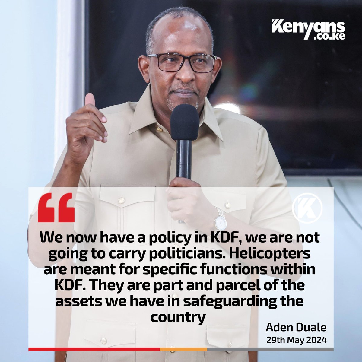 Kenyans's tweet image. Politicians will no longer be allowed to use KDF helicopters - Aden Duale