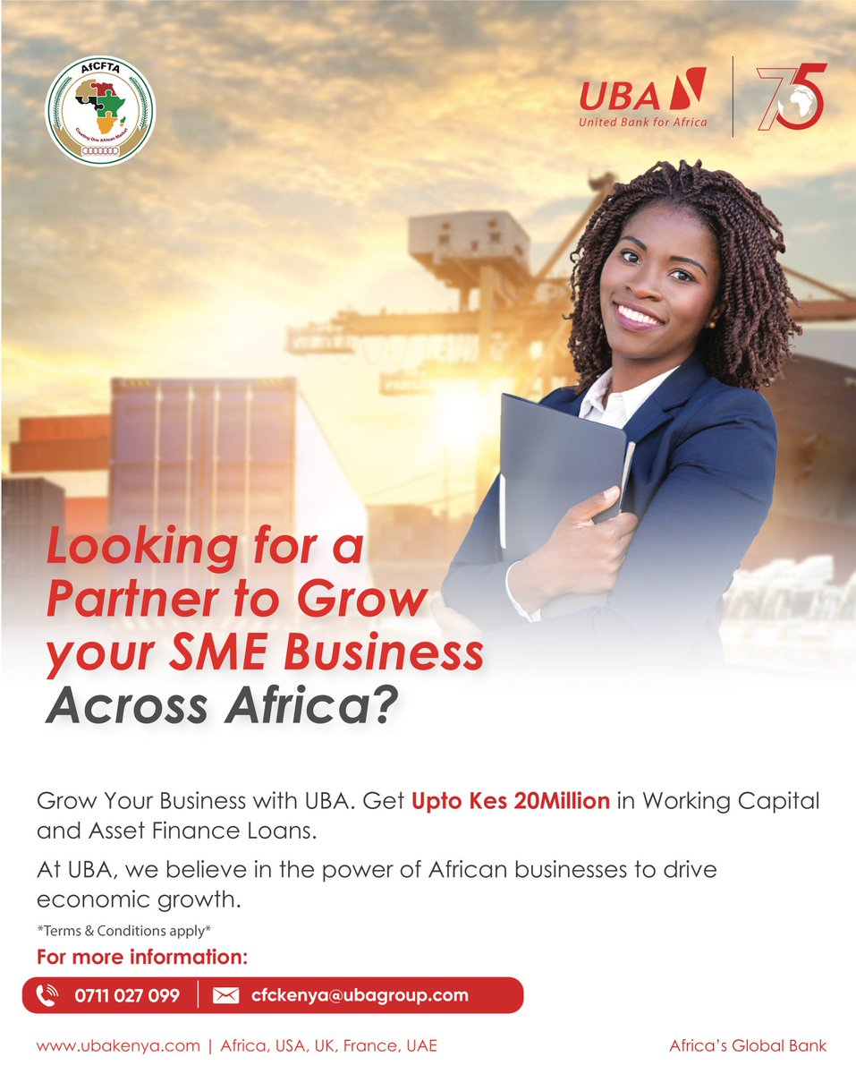 Ready to take your business to the next level? Look no further! UBA is here to support your business growth with our tailored financing solutions. We're offering working capital loans and asset finance loans of up to KES 20 million to empower SMEs across Africa. Don't miss out