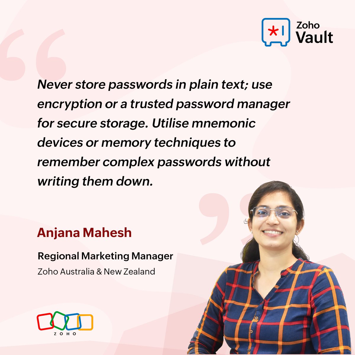 Password security tip of the day from Anjana Mahesh, Regional Marketing Manager, @Zoho Australia & New Zealand. 😁
#WorldPasswordDay #StaySafeOnline