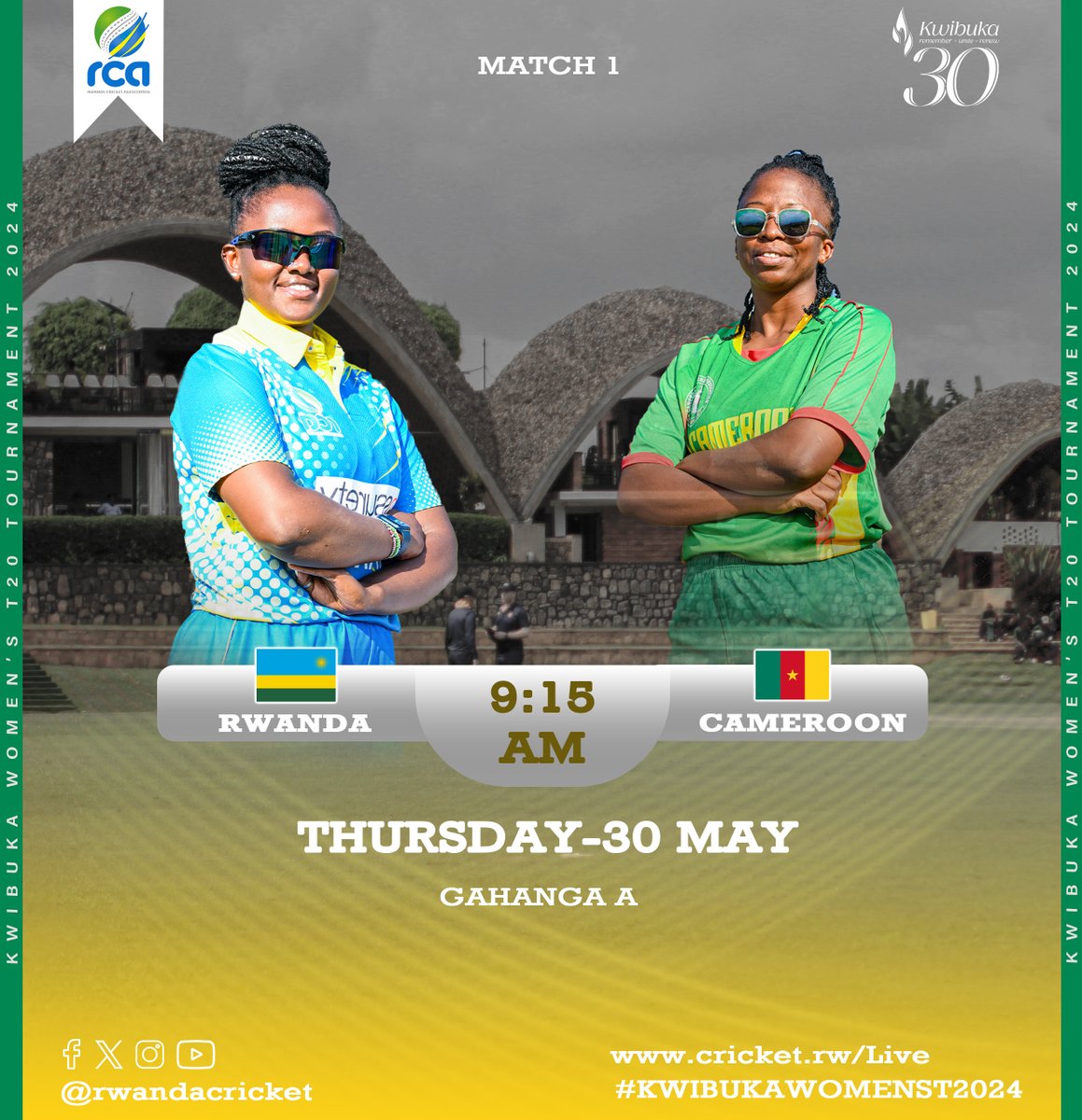 🏏 Kwibuka Cricket 2024 - Opening Game 🏏

Today's Game:
🇷🇼 Rwanda Women vs. 🇨🇲 Cameroon Women
🕘 9:15 AM
Rwanda will be playing at home in front of their fans! Catch the live action at cricket.rw/live.

#KwibukaCricket2024 #OpeningGame #RwandaVsCameroon #LiveCricket