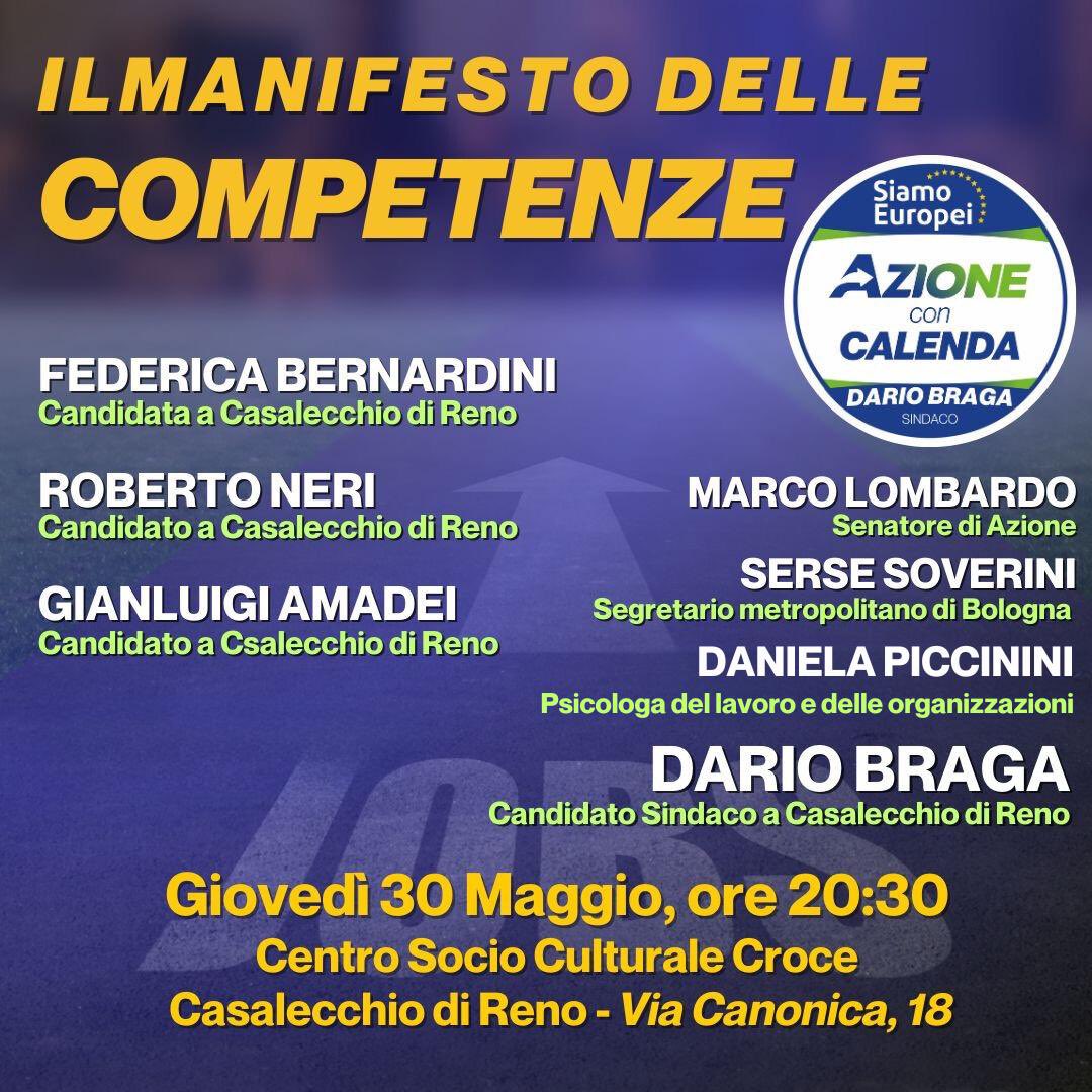 Ci vediamo questa sera a #Casalecchio per presentare il nostro #ManifestoDelleCompetenze con la firma del candidato Sindaco #DarioBraga