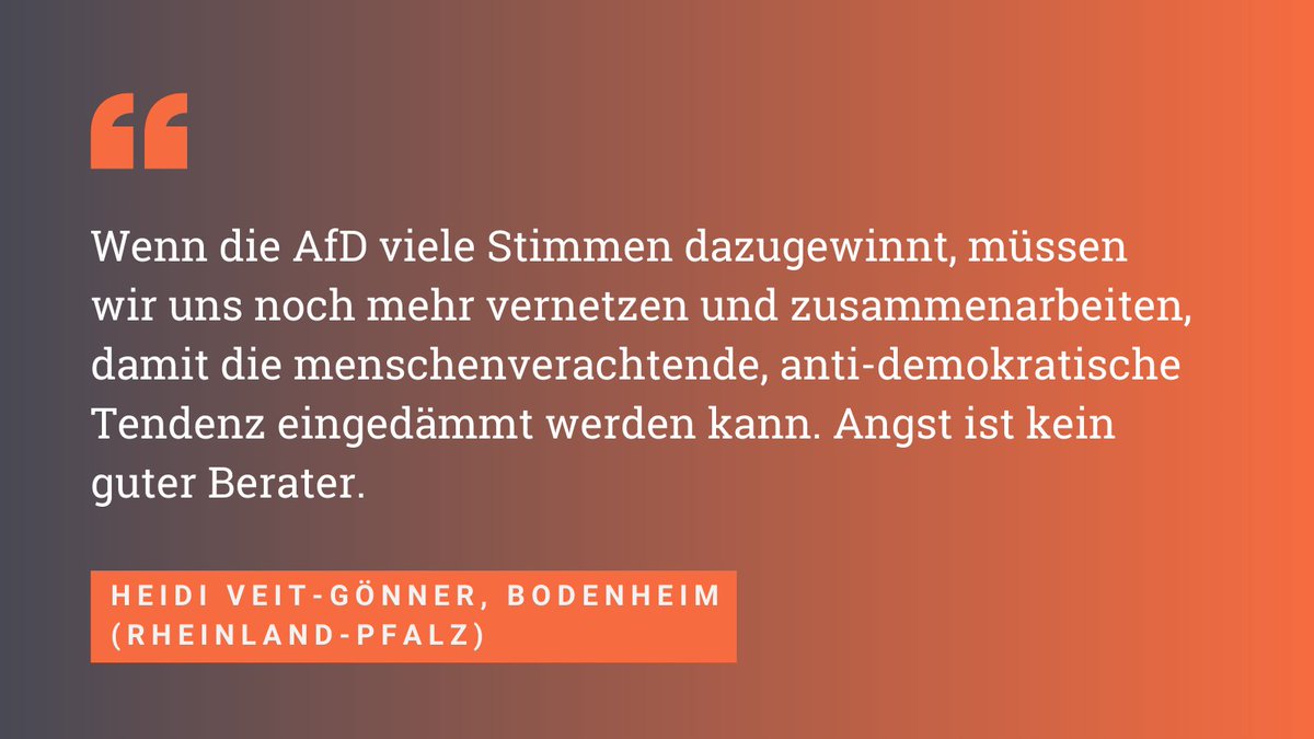 Noch mehr Vernetzung, noch mehr Zusammenarbeit & Solidarität mit anderen demokratischen Initiativen – das nehmen sich viele Engagierte vor, wenn die #noAfD bei den #Kommunalwahlen Stimmen dazugewinnt. So auch Heidi Veit-Gönner aus #Bodenheim, Rheinland-Pfalz. #EngagierteBerichten