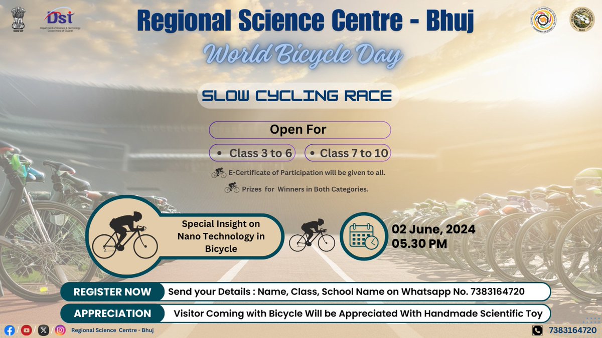 Join us @RscBhuj to celebrate #WorldBicycleDay. Embrace the joy of #cycling, promote #sustainability, and explore the #science behind this #ecofriendly mode of transport. Let's pedal towards a #greener and #healthier future!
@UN @moefcc