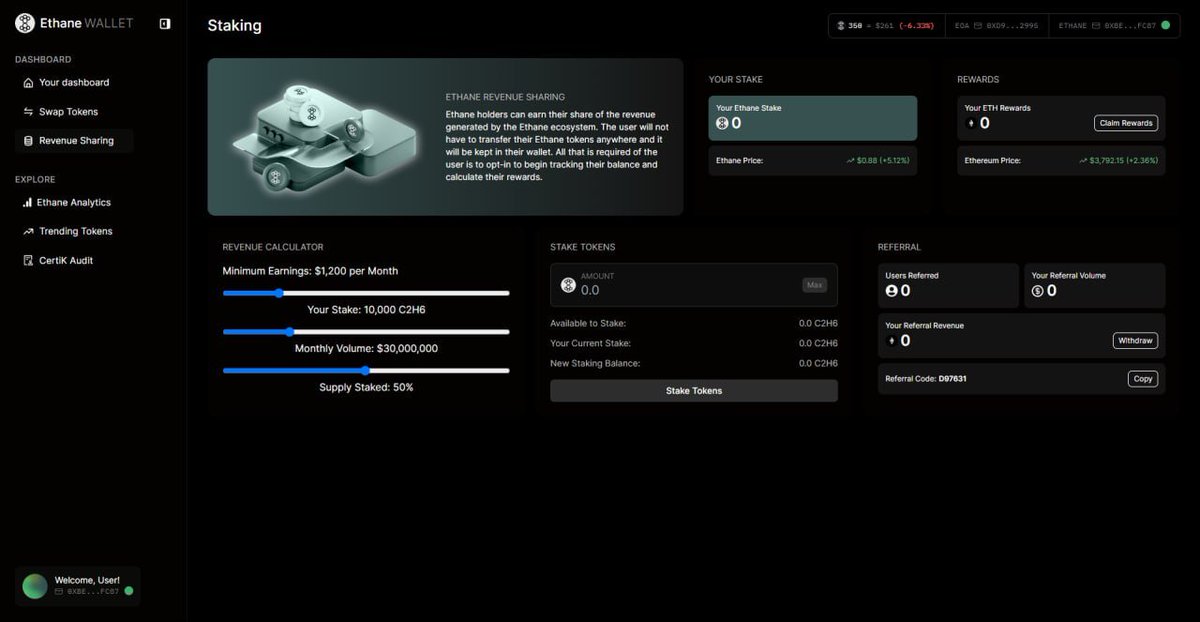 EthaneErc's tweet photo. Updates regarding #Ethane Staking
🖥 New Staking Dashboard Design.
🌟User will keep their tokens in their wallet.
💵 There will be a referral system. The more volume you bring in the more revenue you get. Volume will be calculated when a user uses your referral code when creating an Ethane wallet.
#Revshare #C2H6 #EIP3074
#Ethererum #Ethless