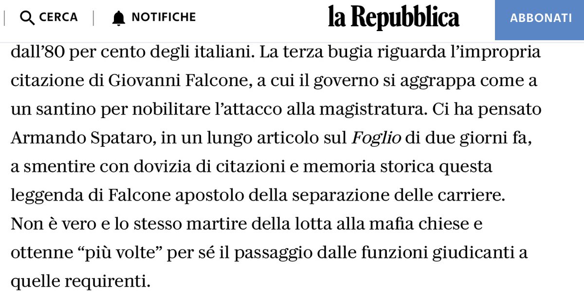 Qualunque cosa si pensi della separazione delle carriere dei magistrati, è bene smontare subito alcune 'mezze verità' che stanno circolando (Francesco Bei su Repubblica). 1) non è vero che Mattarella abbia dato la propria benedizione alla riforma; 2) non è vero che il popolo si