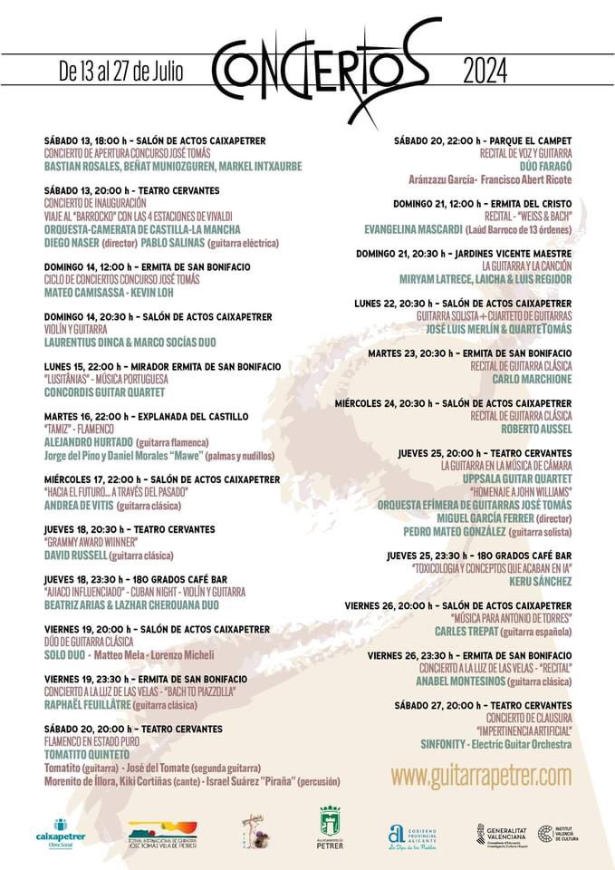 Toda la programación de conciertos guitarrapetrer.com <a href="/culturapetrer/">Cultura en Petrer</a> <a href="/guitarraespanol/">guitarra Española</a> <a href="/FestivalsGuitar/">Guitar Festivals</a> <a href="/guitarraconcurs/">Concursos Guitarra</a>