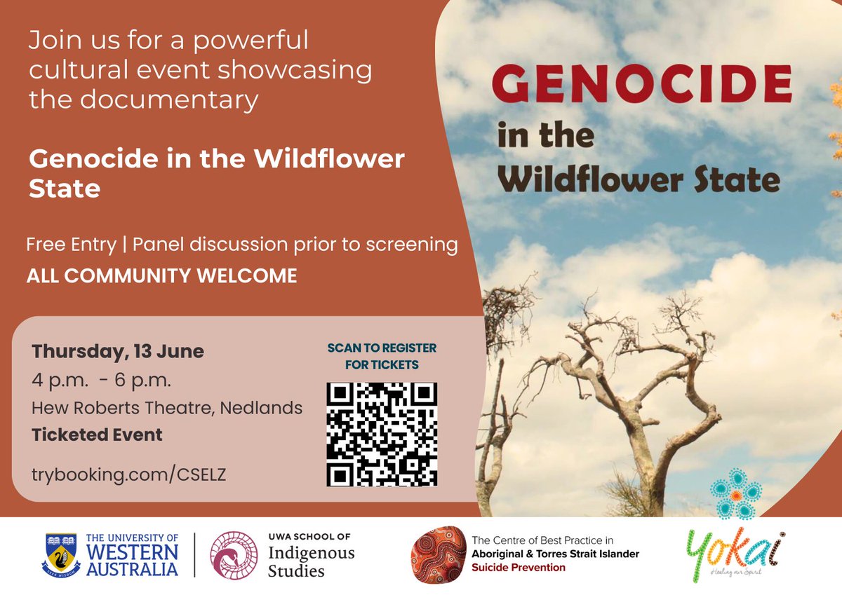 The UWA School of Indigenous Studies and CBPATSISP present 'Genocide in the Wildflower State' with Yokai, Healing our Spirit🎥 Join us for a powerful cultural event showcasing this 59-min documentary on eugenics and social assimilation in 20th century Western Australia. 🗓️