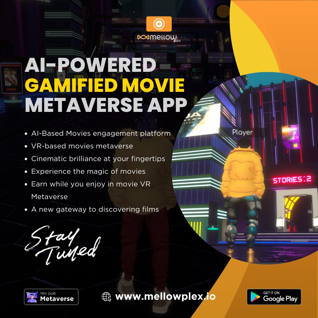 Discover a new way to love movies! MellowPlex is an AI-powered app that takes you on a cinematic journey. VR, rewards, & endless exploration await. Download now & see for yourself! Try Today: play.google.com/store/apps/det… #MellowPlex #Metaverse #PlaytoEarn