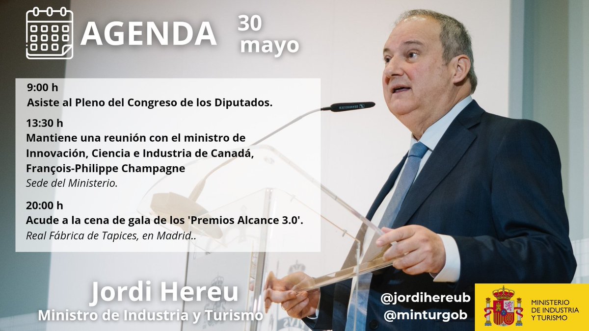 ¡Buenos días! 🗓 Agenda pública del ministro @jordihereub para el jueves 30 de mayo de 2024.