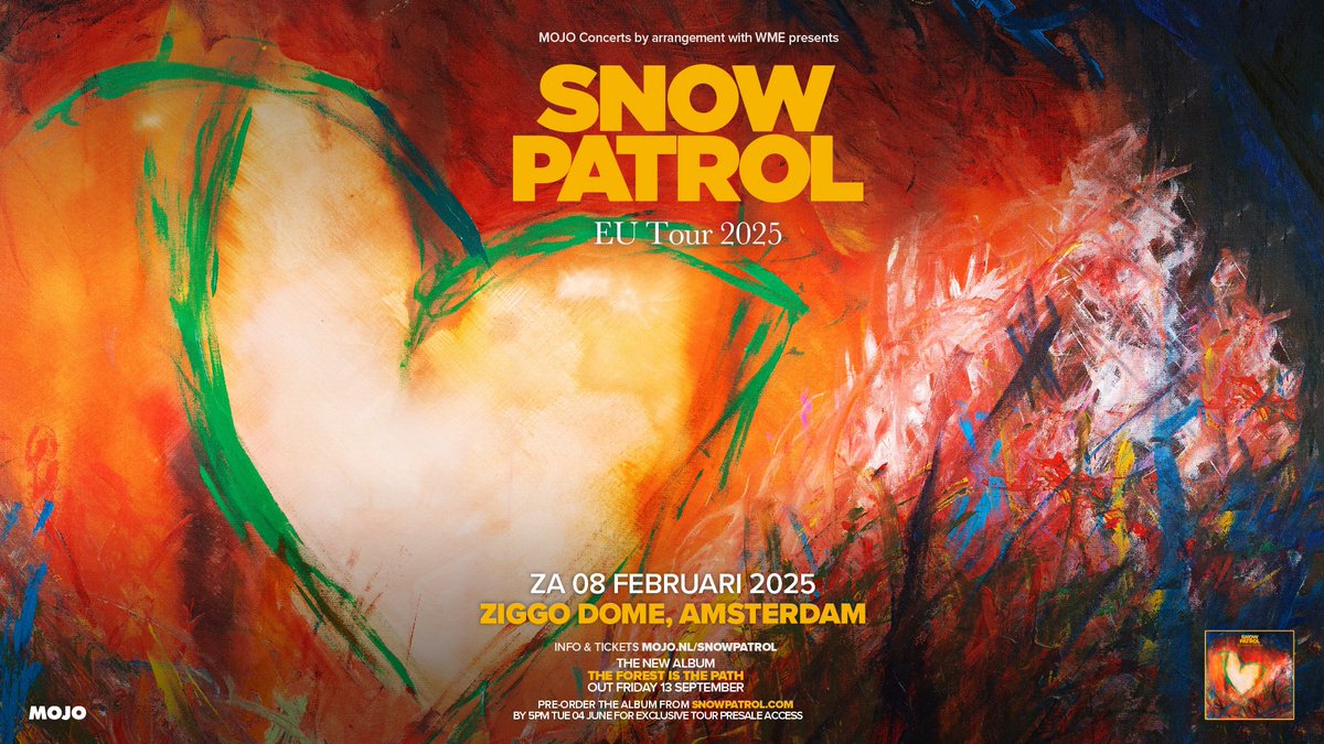 Just Say Yes 🎶 #SnowPatrol keert op 8 februari 2025 terug naar de #ZiggoDome Het concert staat in het teken van hun aanstaande album The Forest In The Path die op 13 september verschijnt. 🎫 De kaartverkoop start 7 juni om 10:00 uur via Ticketmaster👉 bit.ly/ZD-SnowPatrol25