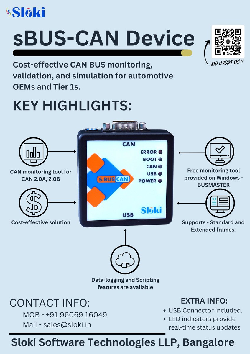 SlokiTechTeam's tweet image. Introducing Sloki&apos;s sBUS-CAN!

The only CAN BUS Analyzer you need to monitor, validate, and trace your CAN BUS—whether for diagnostics, end-of-line testing, network monitoring, data-logging or simulation. 
Many OEMs, Tier 1s and startups have already made the switch.
#CANProtocol