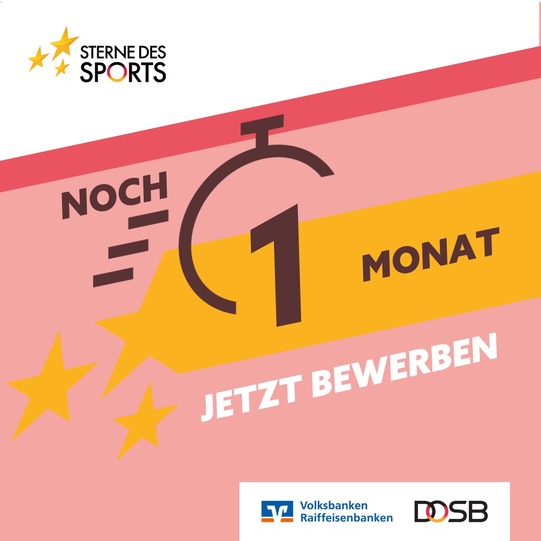 🔜 Aufgepasst! ⚠️
Am 30. Juni ist Anmeldeschluss für die #Sterne2024! 

✨ Wenn ihr 10.000€ für eueren Verein verdienen wollt, dann bewerbt euch! 🤩 #EchtGoldWert

Den Link zur Anmeldung findet ihr in der @sportdeutschland-BIO ⬆️

#SterneDesSports #Volksbanken #Raiffeisenbanken
