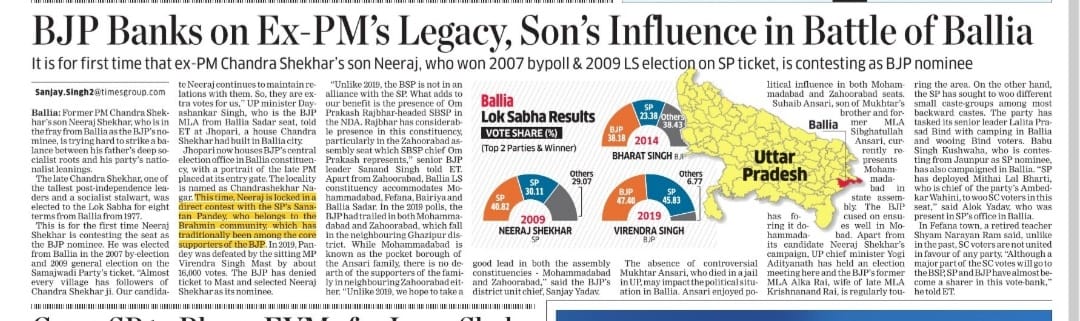 2024 Indian general elections: Ballia

SP: Sanatan Pandey
BJP: Neeraj Shekhar
BSP : Lallan Singh Yadav

BJP won 2014 & 2019 .

2024 : BJP candidate is son of former PM Chandra shekhar.