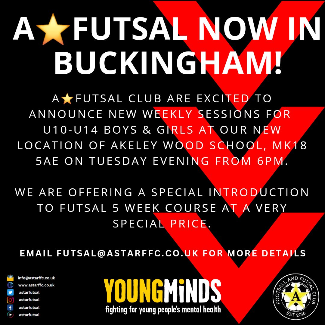 ⭐️ 3 WEEKS TO GO ⭐️ @astarfutsal are looking forward to their new Tuesday evening sessions at @akeleywoodschool in #Buckingham We welcome boys & girls between U10-U14 for our 5-week Introduction To #Futsal program focusing on the fundamental skills needed to play futsal.
