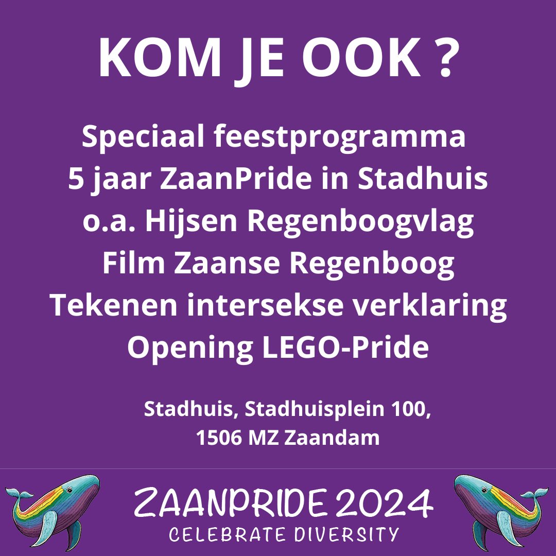 🏳️‍🌈 WELKOM BIJ OPENING ZAANPRIDE🏳️‍⚧️Vrijdag a.s. 13.00 in Stadhuis Zaanstad. Feestelijk programma in de raadszaal tot 16.00.
ZAANSE REGENBOOG PARADE 8-6 13.00 STADHUISPLEIN ZAANDAM #zaanpride #dezaanseregenboog #pride #lgbtqia #intersekseverklaring #gemeentezaanstad