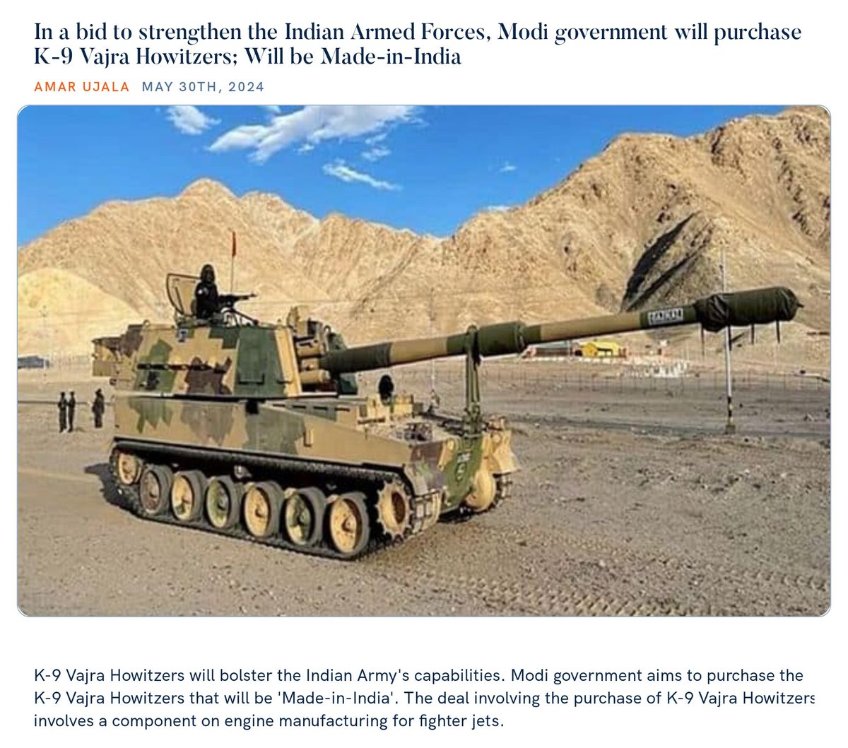 In a bid to strengthen the Indian Armed Forces, Modi government will purchase K-9 Vajra Howitzers; Will be Made-in-India 
amarujala.com/india-news/maj… via NaMo App
#SankalpitKashi
#PhirEkBaarModiSarkar 
#AbkiBaar400Paar 
#ModiKiGuarantee 
काशी बनारस वाराणसी Kashi Banaras Varanasi