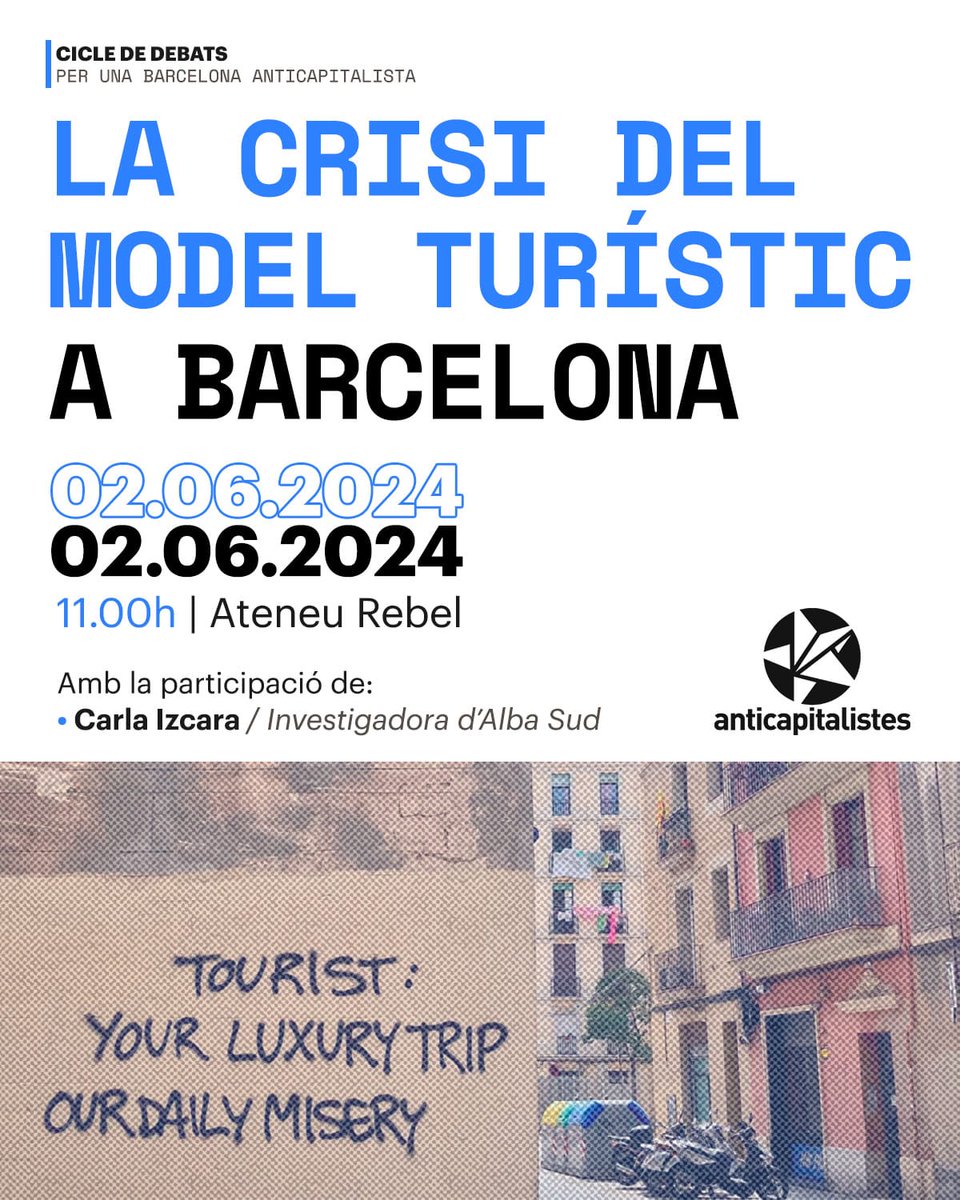 ⛱️ Arriba juny i toca parlar de turisme.  Dissabte 1/6 assemblea i vermut de <a href="/NoCopaAmerica/">No a la Copa Amèrica 2024</a> al Pou de la Figuera i diumenge 2/6 amb Anticapitalistes Barcelona a <a href="/AteneuRebel/">Ateneu Rebel</a> debatrem sobre el turisme a la ciutat ⬇️