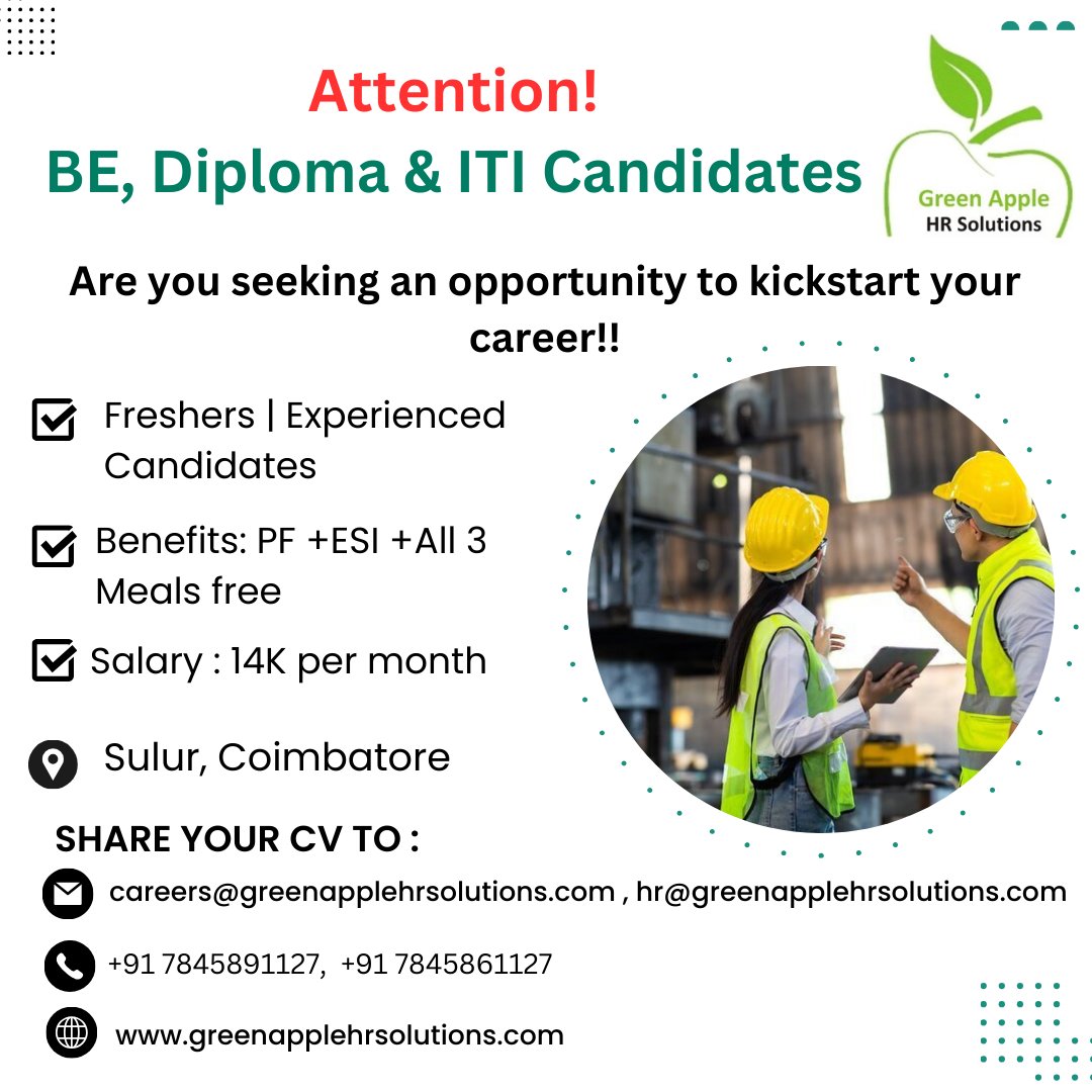 Hiring Alert! We are looking for BE | DIPLOMA | ITI candidates. Freshers | experienced candidates

Benefits: PF+ ESI+ All 3 meals free

#greenapplehrsolutions #recruitmentagency #jobconsultancy #diplomacandidates #ITI #opentowork #hiring
