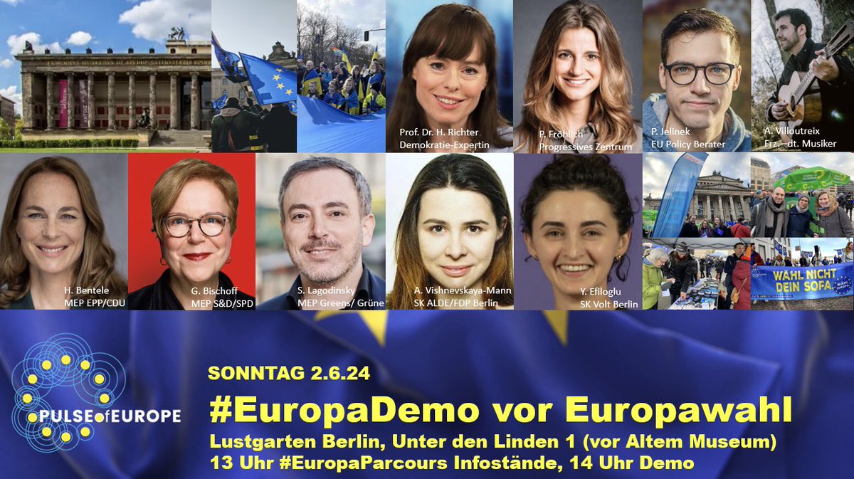 Freude auf #EuropaDemo & #EuropaParcours am Sonntag: Lustgarten/Altes Museum u.a. mit Berliner #EuropaWahl-Kandidat:innen @hildebentele, @gabischoff, @SLagodinsky, @AssjaEvg #Efiloglu, ✨Input von @RichterHedwig, @PaulinaFrohlich, @Peter_Jelinek, @chantal_kopf & 🎸@avilloutreix!