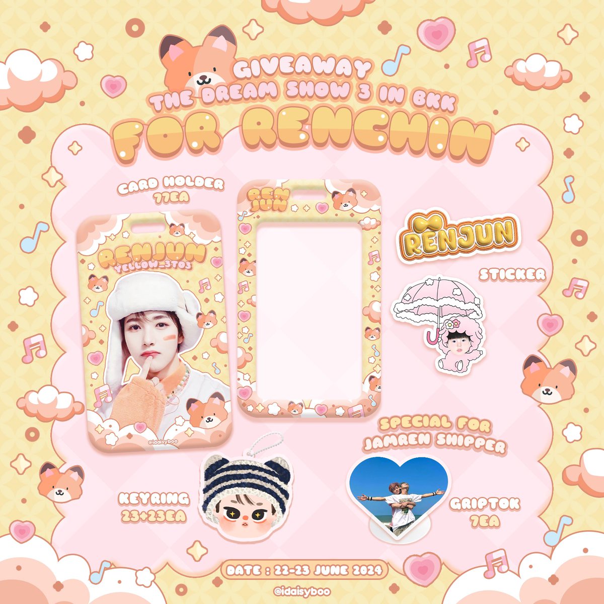 idaisyboo's tweet photo. 💬
GIVEAWAYᯓᡣ𐭩
for RENCHIN🦊

ㅡ card holder
ㅡ keyring
ㅡ sticker

rule : rt and อวดการ์ด official น้องอินจุนน่ารักๆให้เค้าดูหน่อย ˃ ᵕ ˂💛

date : 22-23 june 2024
time : tba
@ rajamangala national stadium

#NCTDREAM_THEDREAMSHOW3inBKK
#NCTDREAM_THEDREAMSHOW3_in_BKK https://t.co/gDYq9lpO1N