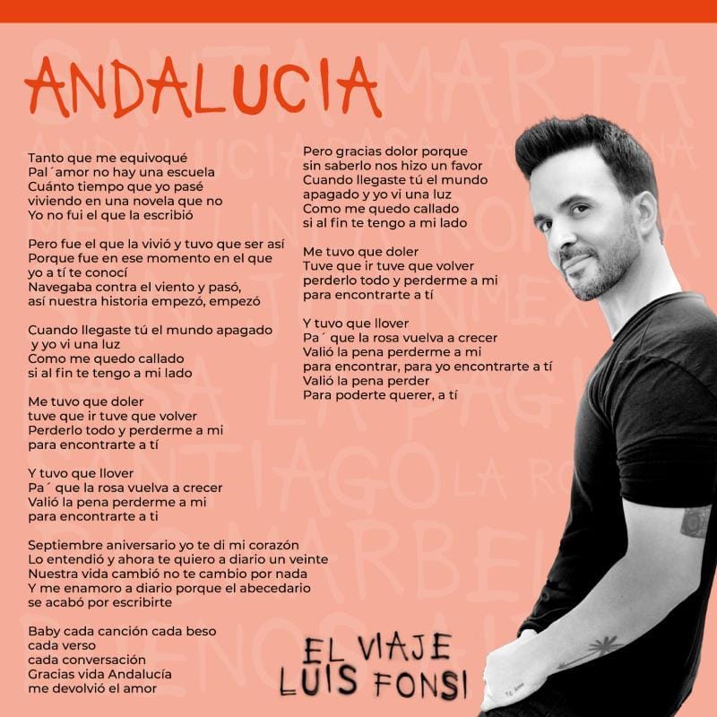 Cancion que amamos!!! #Andalucía 
Que bonitaaaaaa <a href="/LuisFonsi/">Luis Fonsi</a>  
La podremos escuchar en vivo en esta gira???
<a href="/Fonsisangels/">Fonsi's Angels Arg</a>