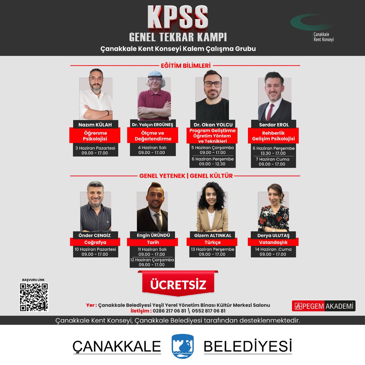 📣 Çanakkale Kent Konseyi ve Çanakkale Belediyesi iş birliğiyle KPSS’ye (Kamu Personeli Seçme Sınavı) girecek adaylara destek amaçlı Ücretsiz KPSS Genel Tekrar Kampı düzenlenecek.
⤵️