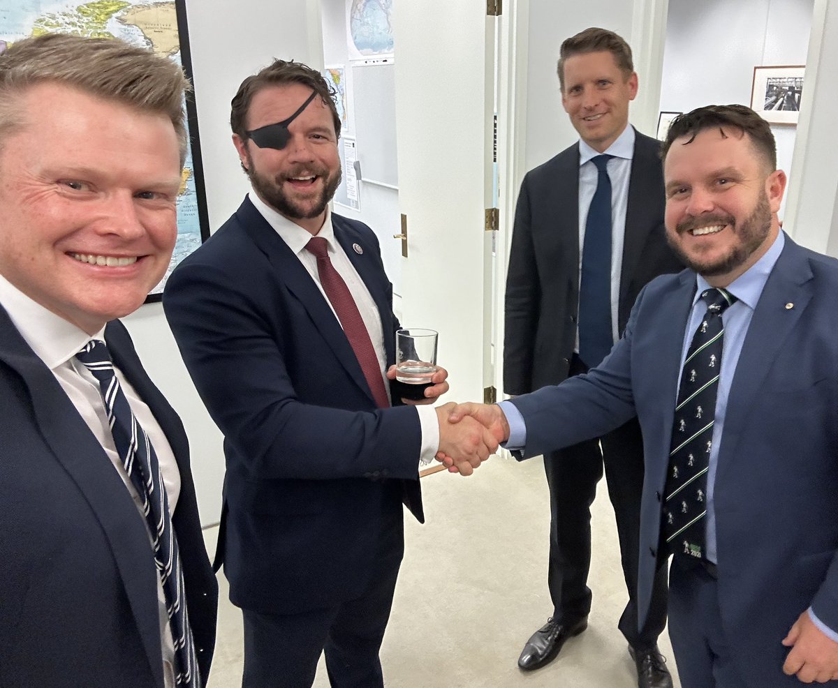 We once served our nations in Afghanistan. Today we serve in our respective house of representatives. Welcome to Australia from Texas and Congress @DanCrenshawTX. With Andrew Hastie and @P_Thompson88.