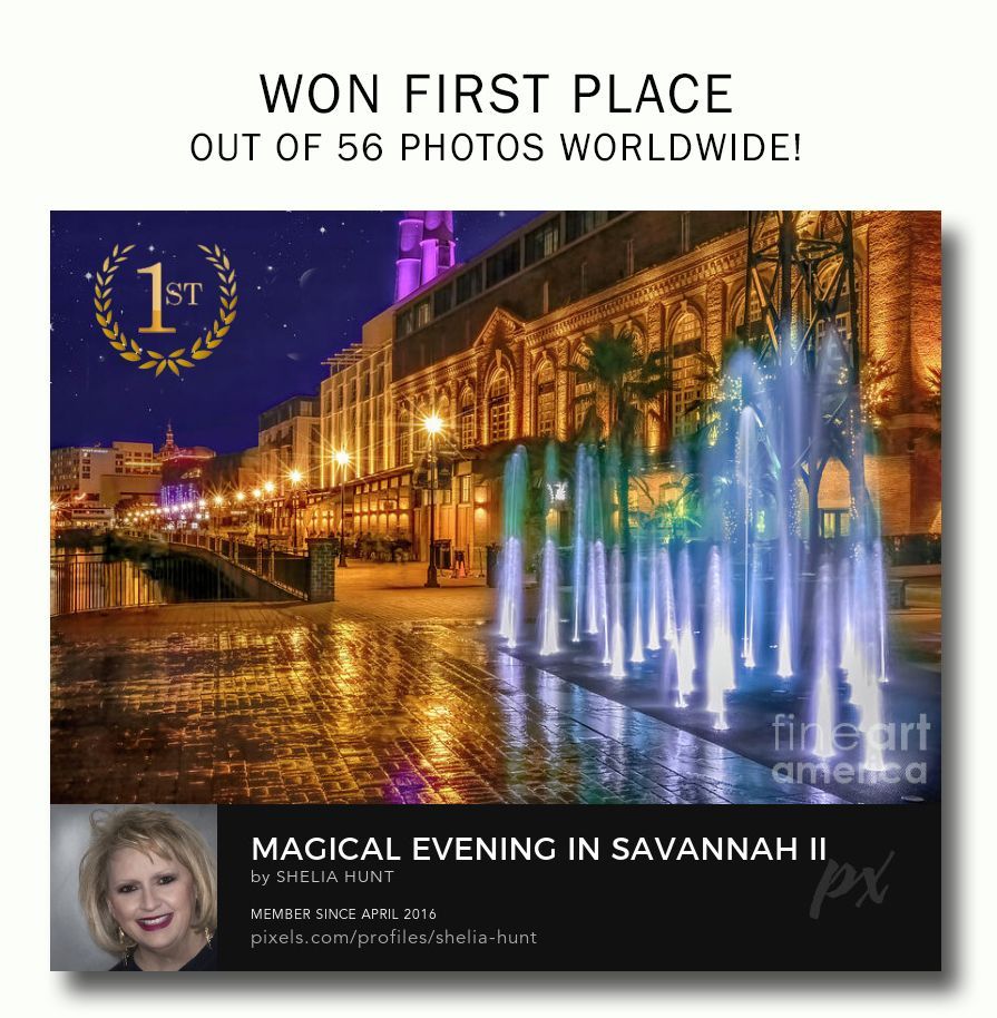 🌟 So thrilled that my photo, 'Magical Evening in Savannah,' won 1st PLACE in Fine Art America's 'Roadside Fountains' contest! 🥇✨ See it HERE---> buff.ly/3Kj7o6a #SheliaHuntPhotography #Savannah #SavannahGA #SavannahGeorgia #SavannahRiverwalk #Riverwalk #BuyIntoArt