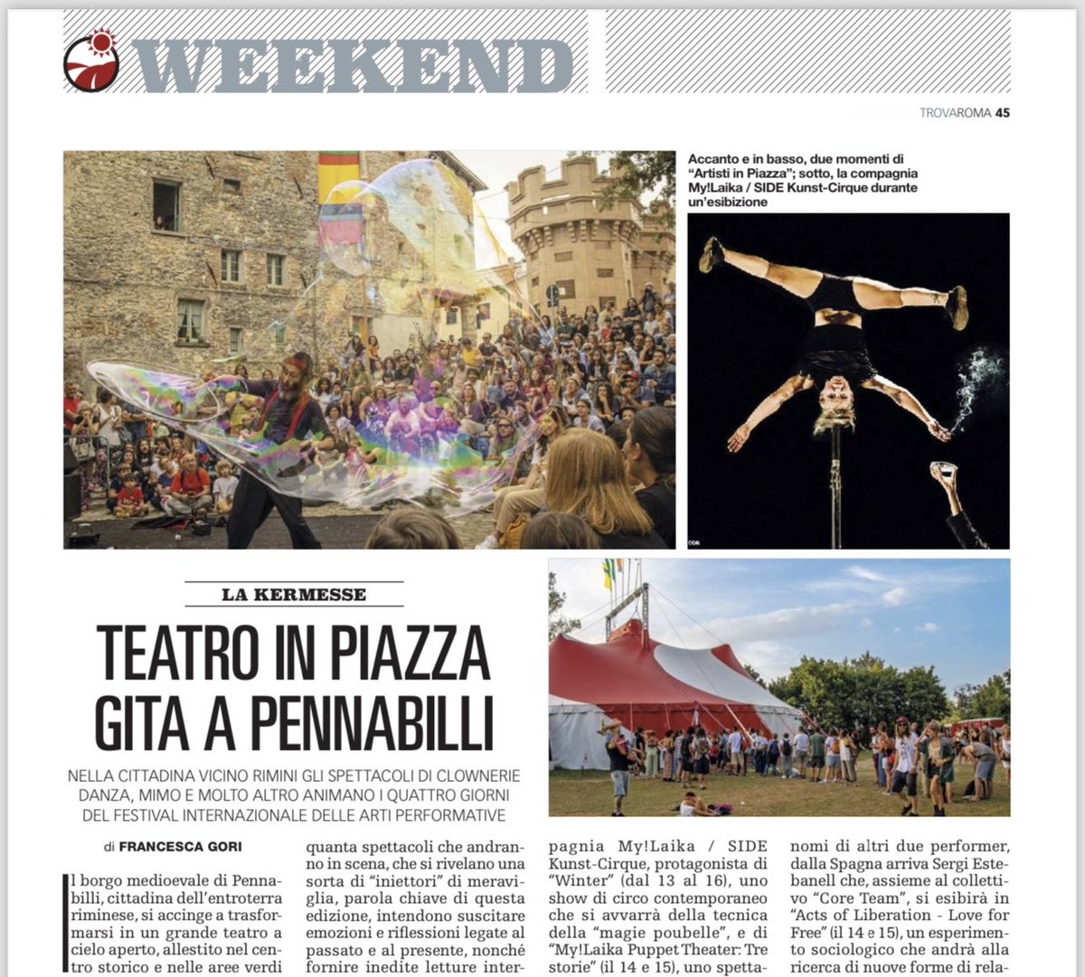 Un weekend a Pennabilli per #ArtistiInPiazza, festival che propone spettacoli di danza, mimo, clownerie e tanto altro. Ne parla Francesca Gori sul #TrovaRoma, in edicola oggi con @repubblica. Inviti per i lettori.