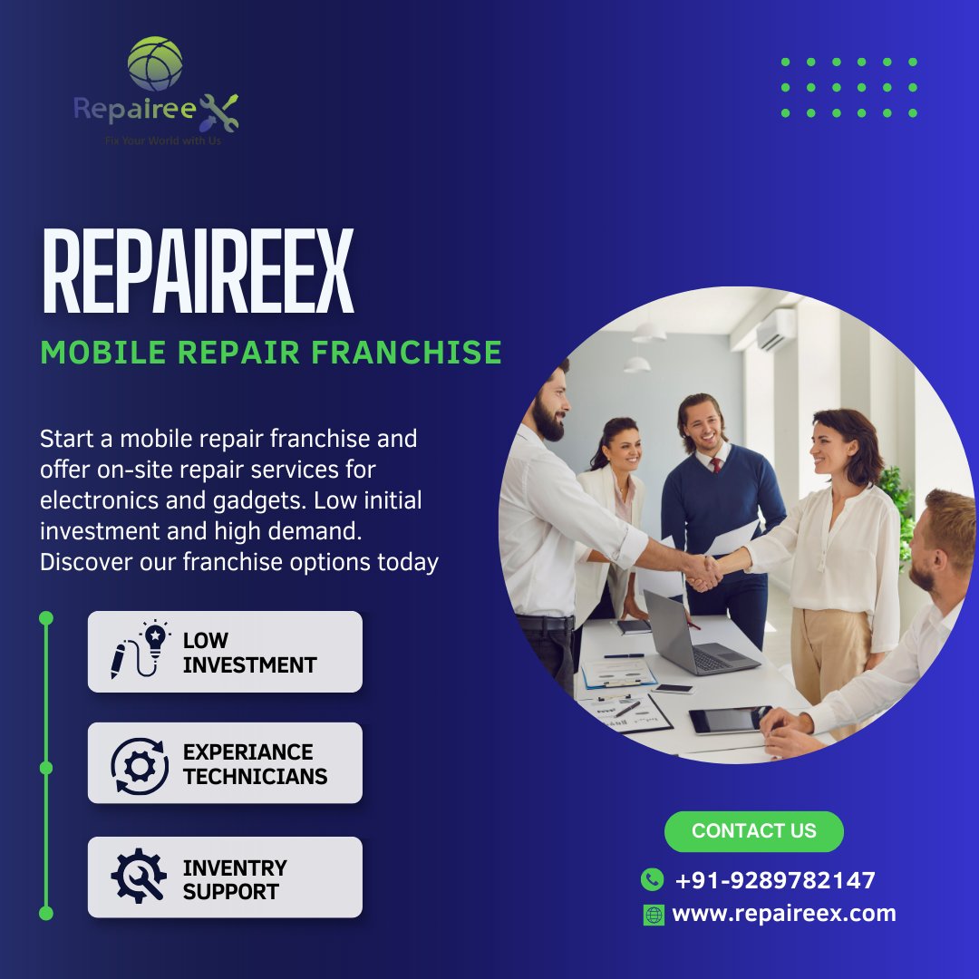 Launch your mobile repair franchise with us and offer top-quality repair services for electronics and gadgets. Benefit from comprehensive training, marketing support, and a proven business model. Repaireex India’s No. 1 Company Schedule your appointment now!
#mobilefranchise