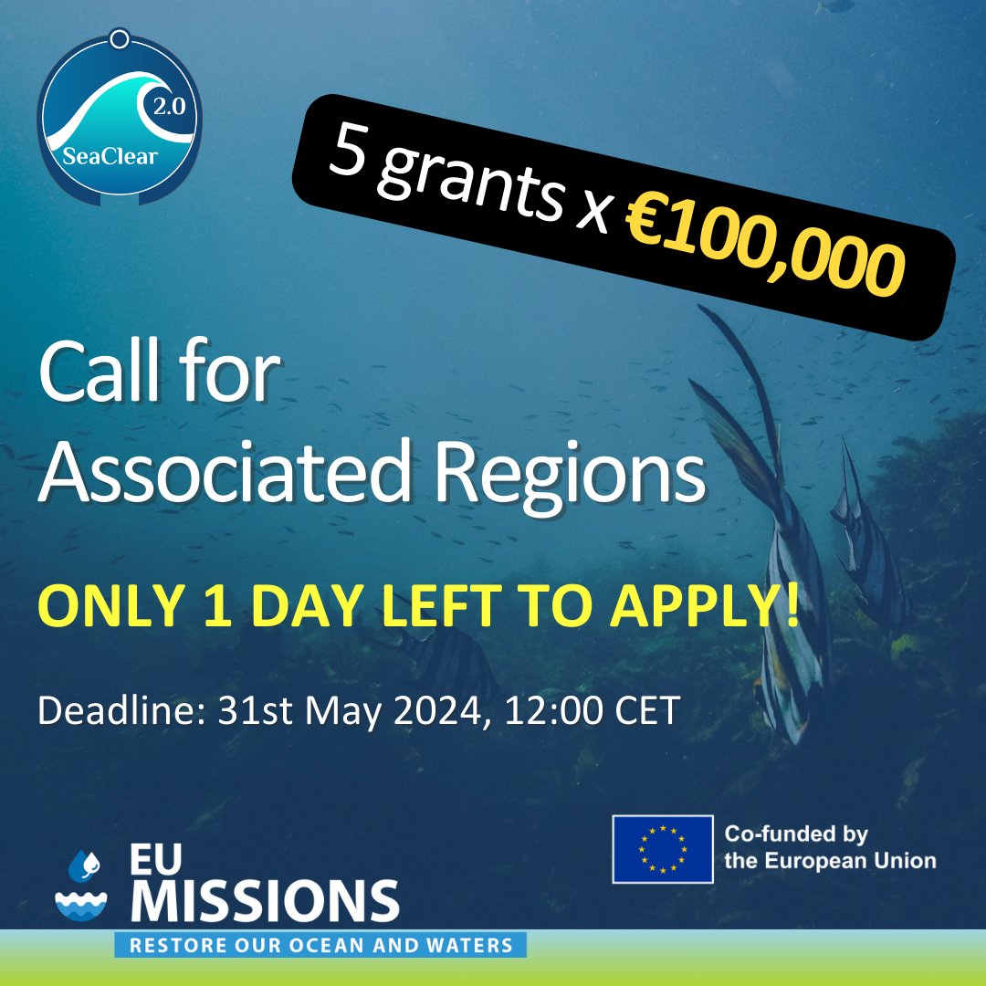 📢ONLY 1 DAY LEFT TO APPLY!
#SeaClear2.0 seeks 5 strategic partners and is granting up to €100,000 to each! 
⚠️ Deadline: 31st May 2024, 12:00 CET
Do you wish to contribute to the prevention and restoration of our waters and ocean? 
👉rb.gy/sxqu55 
@OurMissionOcean