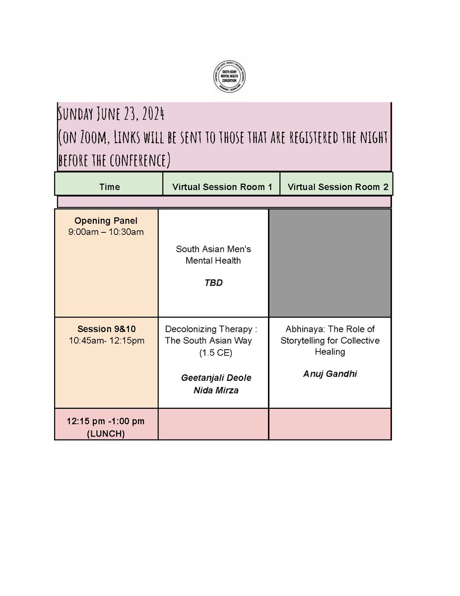 PreetKSabharwal's tweet photo. We are excited to release the tentative schedule for both days of the 8th Annual South Asian Mental Health Conference. Please register now before fees increase on June 1st!! 

https://t.co/DLJa69S1qQ https://t.co/O2BPAOg1S0