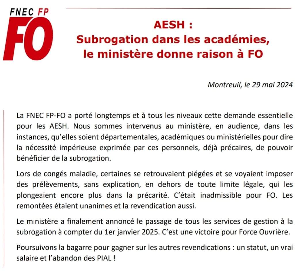 #AESH subrogation 
🤜 Victoire pour FO
🗣️Subrogation dans les académies, le ministère donne raison à FO