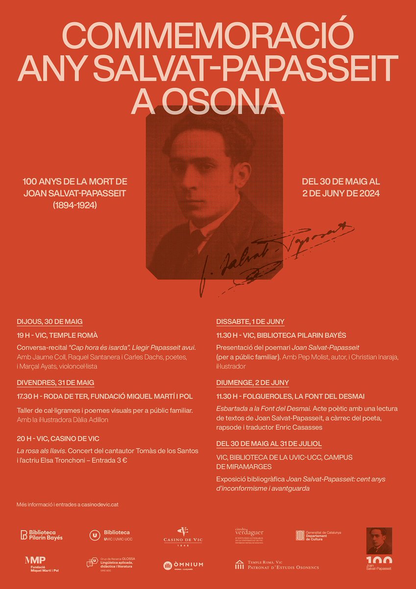 Comencen els actes de commemoració de l’Any Salvat-Papasseit a Osona! 🔥

Molt contents de formar-ne part i d’estar tan ben acompanyats amb @fundaciommp @OmniumOsona @uvic_CatedraVEL @grupGlossa @BibliotecaVicPB @uvic_biblioteca @EstudisOsonencs @CulturaCCentral ❤️