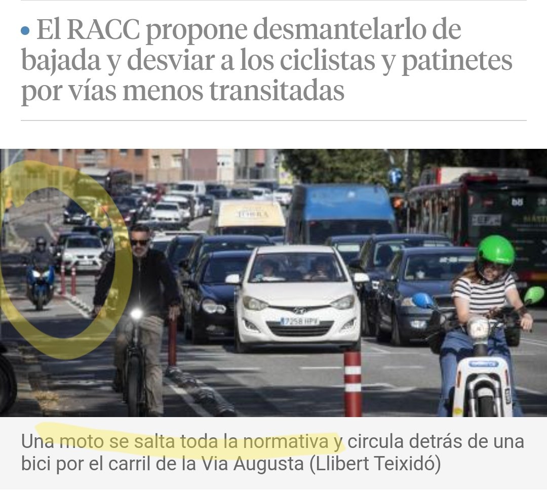 L'estudi d'usabilitat de @BCN_Mobilitat  va ser prou concloent. Entre altres, la principal infracció eren les motos pel #carrilbici... però clar, el titular és un altre.

Per molt #greenwashing del Racc sempre defensaran #vehiclemotoritzat, mai #demandainduïda.

#bicibcn #bicicat