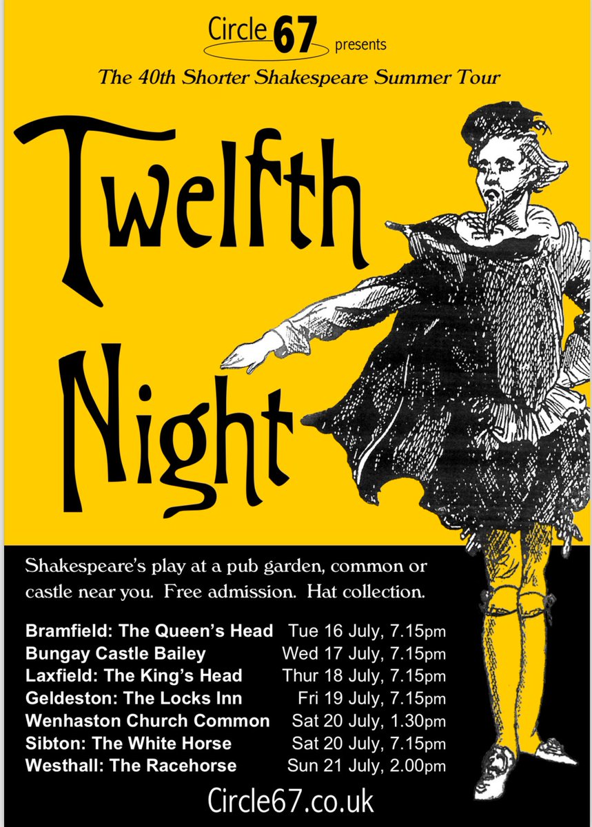 Circle 67 are celebrating our 40th Summer Tour with a production of one of Shakespeare’s best loved plays “Twelfth Night”. Come and see us perform at one of 7 venues across the region. @geldestonlocks @suffolkpub @BungayTown @TheLowHouse @SWHInn @WRacehorse