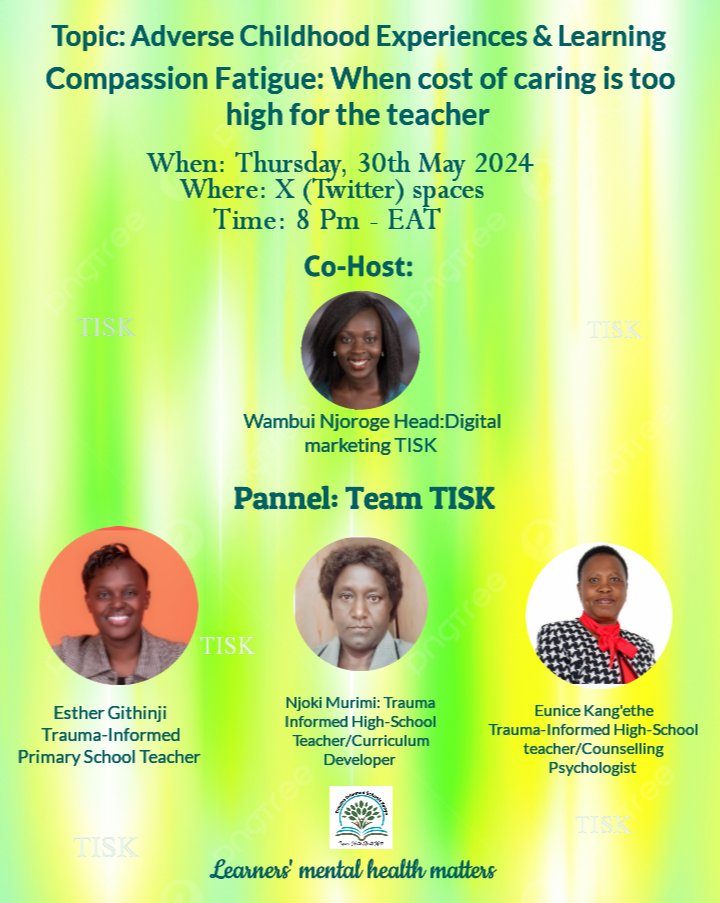 traumasch_kenya's tweet image. Today at 8PM EAT let&apos;s meet here for thisa conversation on teacher&apos;s mental health

When do they loose the grip to nurture and care for learners?

What can schools do to ensure that teachers mental health is a priority?

Adiós
#ACEsandlearning
#Teachersmentalhealthmatterstoo