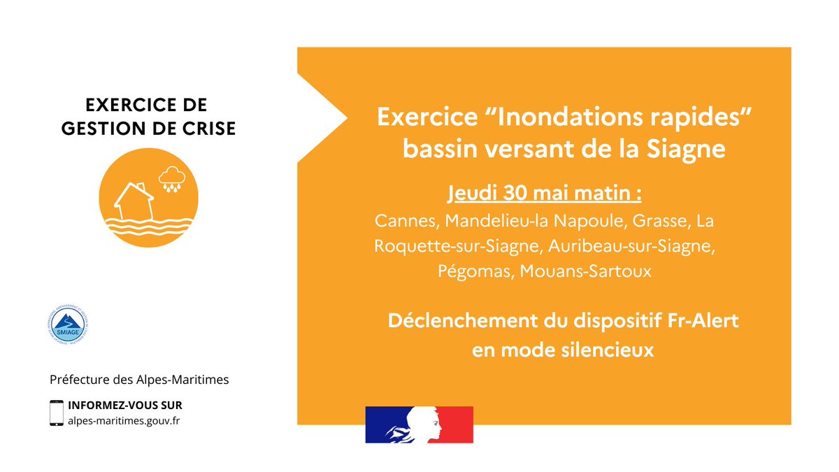 EXERCICE-EXERCICE-EXERCICE | Déclenchement du dispositif Fr-Alert dans le cadre d'un exercice de sécurité civile | 📱Fr-Alert est un dispositif d’alerte de la population - Via smartphone - qui est testé dans le cadre d'un exercice de gestion de crise 'inondations rapides'. ⚠️Le