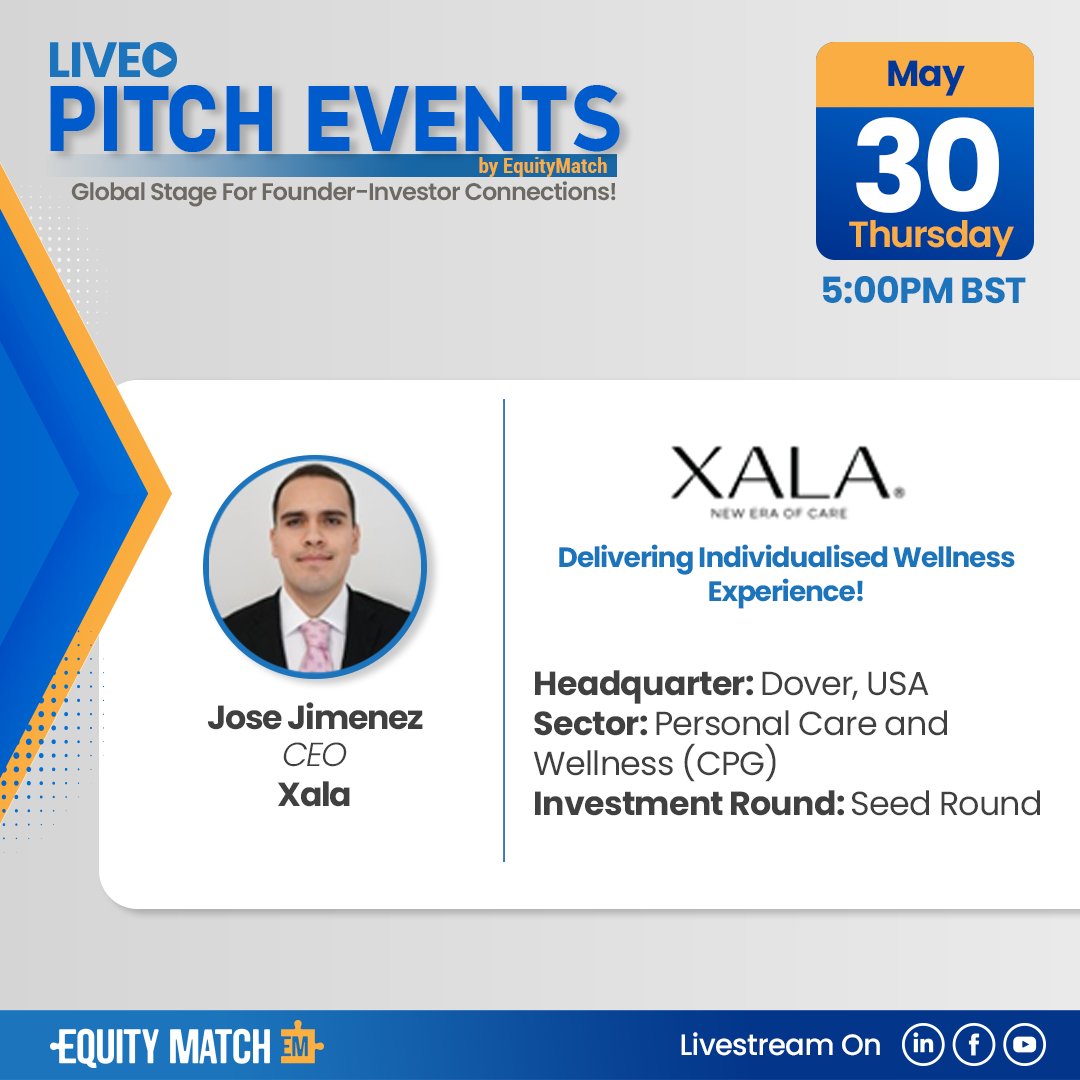 We're bringing the spotlight to Jose Jimenez CEO of Xala. 
Jose is ready to pitch at our Live Pitch Event dedicated for USA &amp; Europe based Startups on 30th May at 5:00 PM BST. 

Stay tuned for the Live Pitch event on X Space!    

#equitymatch #startup #founders #venturecaptial