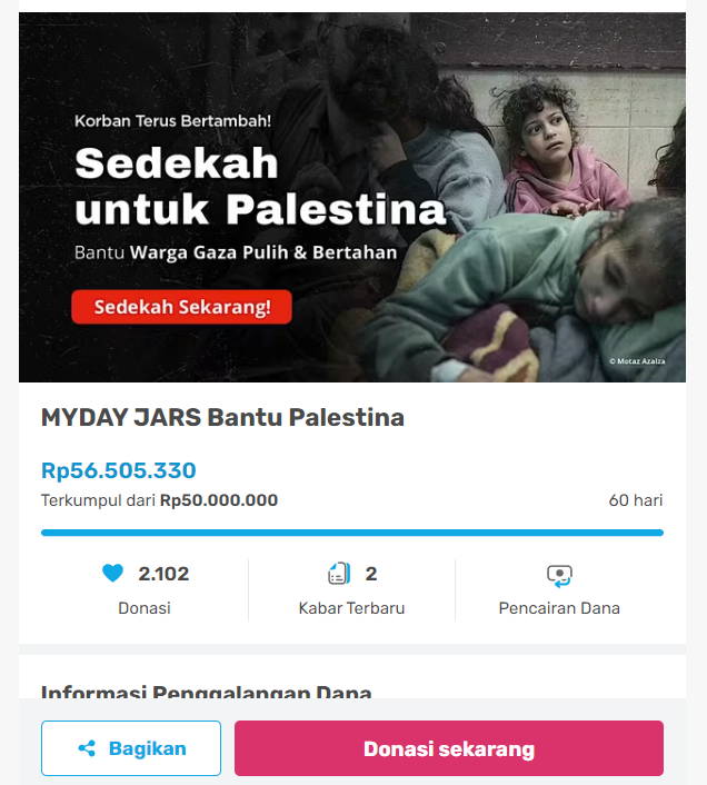 <a href="/nanndd/">nand</a> <a href="/akunyakul/">yakul</a> <a href="/mydayxtra/">XMD</a> <a href="/MyDayLampung/">MYDAY LAMPUNG</a> <a href="/mydaybatam/">My Day Batam</a> <a href="/my_daybogor/">MyDayBogor | Cek Pin📍</a> <a href="/myday_jakarta/">Myday Jakarta</a> <a href="/harureul_co/">𝐦𝐢𝐧𝐡𝐚𝐫𝐮</a> <a href="/mydaybandung/">My Day Bandung</a> <a href="/mydaymalang/">My Day Malang</a> <a href="/mydaymakassar/">My Day Makassar</a> <a href="/90HaruKilogram/">90's Haru Kilogram</a> <a href="/mydaymedan/">My Day Medan</a> <a href="/GyulaliJaeruk/">d h i l s</a> <a href="/caleridula/">Dear케이 ☀️</a> <a href="/flowerybob/">мυту 🧸</a> <a href="/apeachnuna/">tika ♔ 3️⃣0️⃣</a> <a href="/cindyzky_/">cindy✨</a> <a href="/DAY6TradingINA/">DAY6 TRADING INA</a> <a href="/dearmyd4y12/">Dearmyday12 🇮🇩</a> <a href="/MyDayMusician/">My Day Musician 📌</a> Selamat siang semua!

Karena kondisi Palestina saat ini, dan setelah berdiskusi dengan tim kitabisa, campign untuk Palestina yang kita lakukan aktif lagi. link galang dananya masih sama, jadi untuk #myday, #jars, dan #orangbaik yang donasi masih bisa

kitabisa.com/campaign/myday…