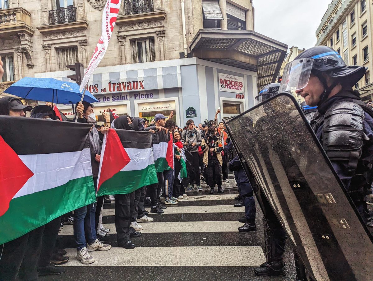 Large number of people stage protest in Paris, France to show solidarity with Palestine.