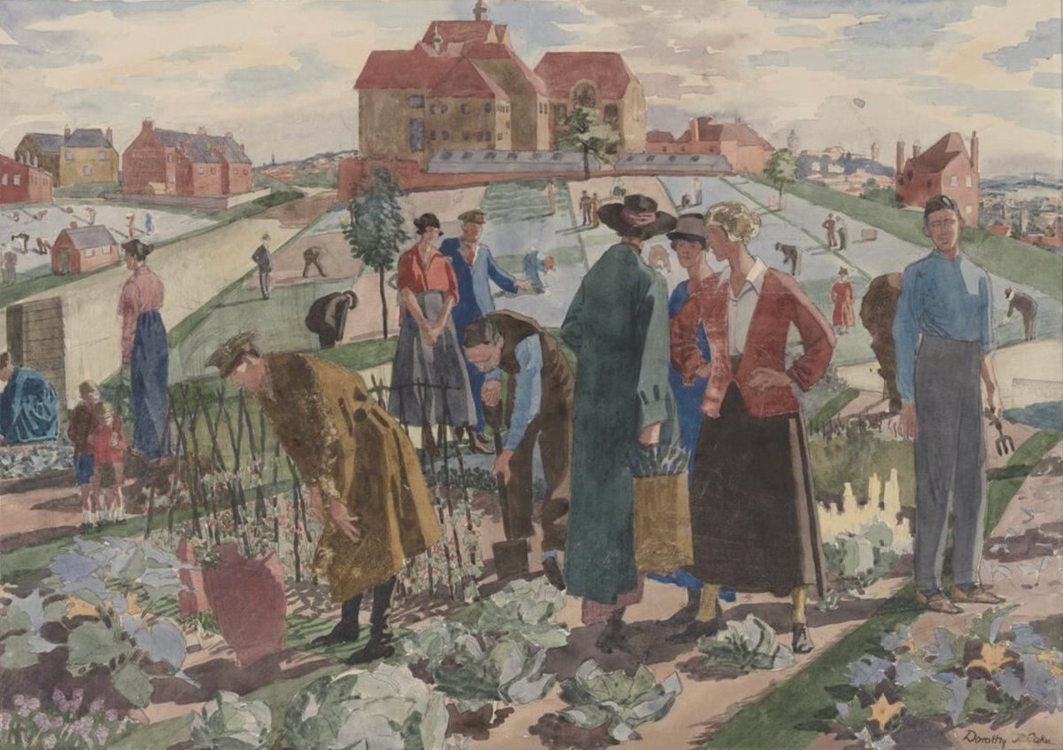 War Allotments in a London Suburb by Dorothy Coke 1919 (Imperial War Museums). In the background is the County Council School at Norbury, which was being used as a military hospital.
