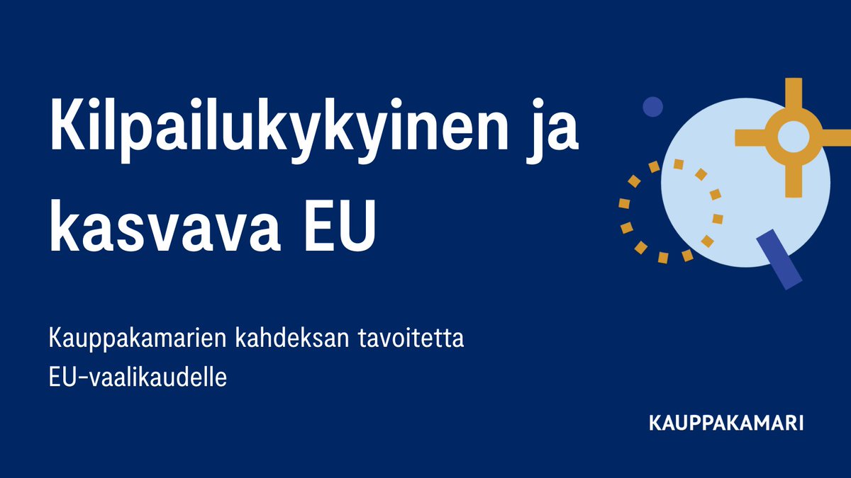 EU-vaalien ennakkoäänestys on käynnissä! Kauppakamarien kahdeksan tavoitetta EU-vaalikaudelle ovat: 1. Suomi vaikuttamaan aktiivisesti EU:ssa 2. EU:n ilmastotavoitteiden kurssi pidettävä – toimeenpanoa tarkasteltava 3. Parempaa sääntelyä EU:lta 4. Sisämarkkinoiden toimivuutta