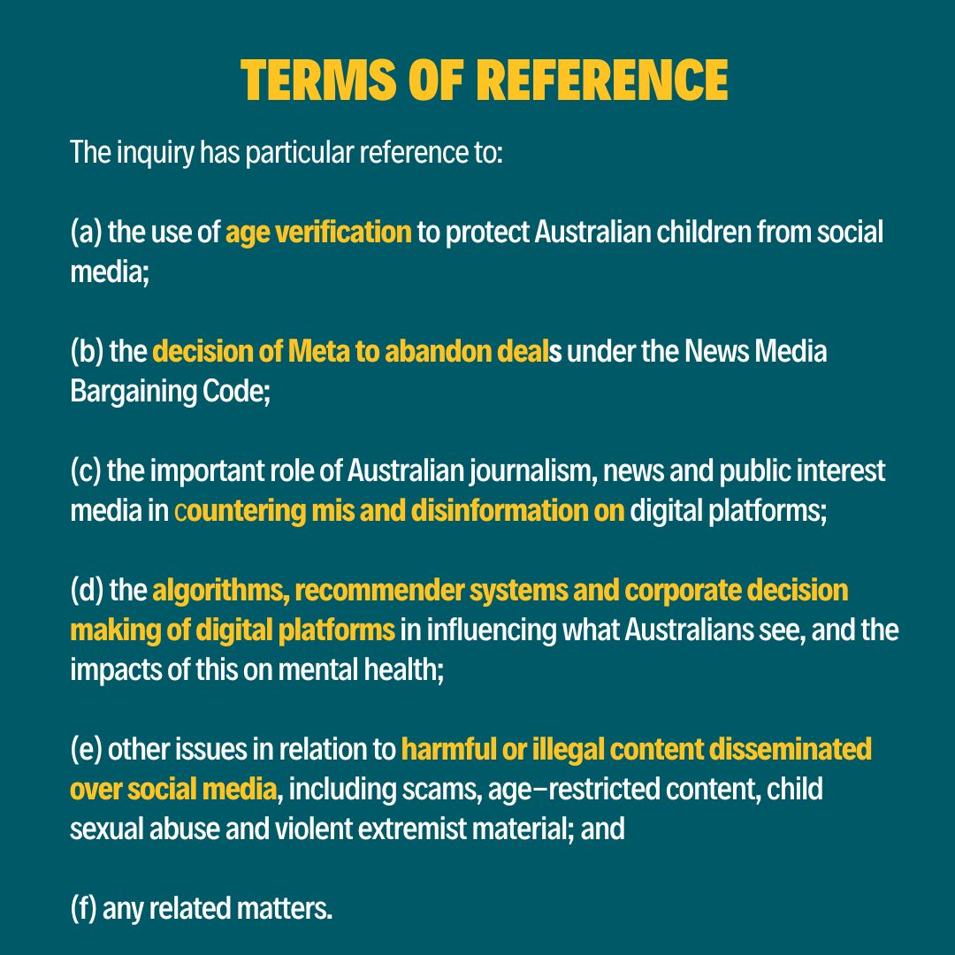 I am a member of this newly formed inquiry into social media and its influence on Australian society. It covers areas of huge importance to many Australians. I urge individuals and organisations to make written submissions to us by 28 June 2024. aph.gov.au/Parliamentary_…