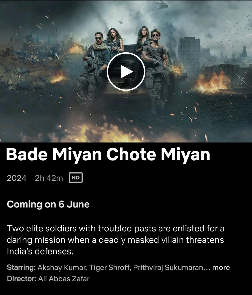 #BadeMiyanChoteMiyan is coming on Netflix on 6th June ! A film which has a Hollywood canvas & has An advanced level of action & story! Performed well in overseas for a reason. Good things for me were #TigerShroff & the bromance with #AkshayKumar & #ManushiChhillar doing action!