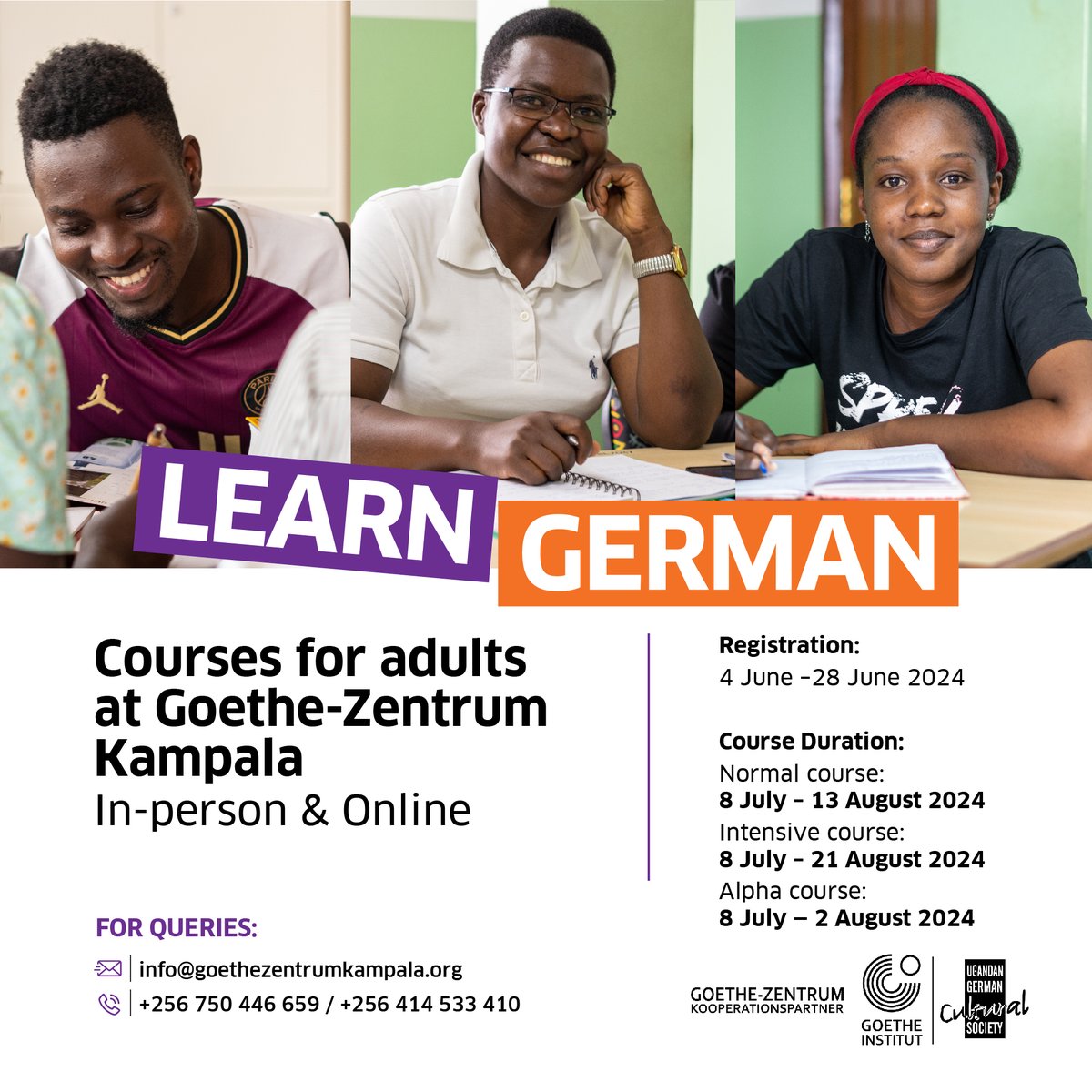 Ready to master German? Join our courses at Goethe-Zentrum Kampala! Registration: June 4-28. Courses start in July. Info: info@goethezentrumkampala.org or +256 750 446 659 / +256 414 533 410. #LearnGerman #GoetheZentrumKampala