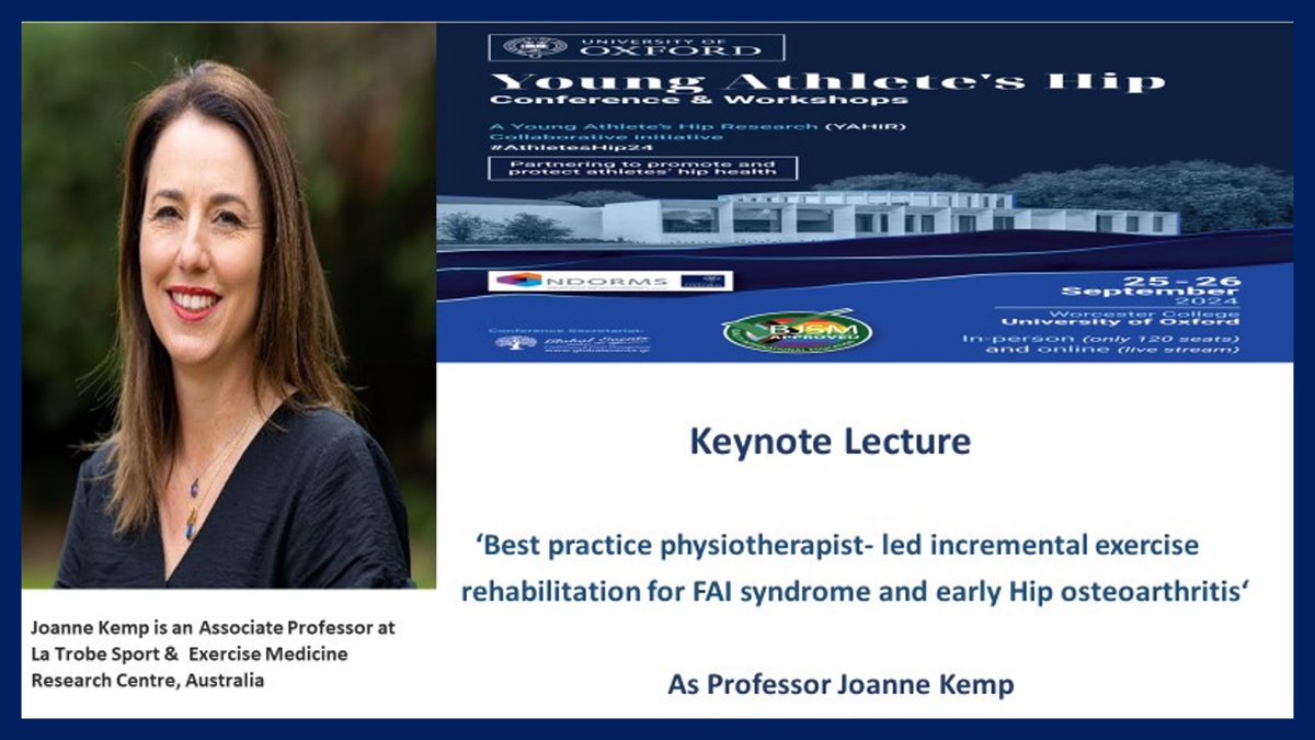 Meet our next keynote speaker  <a href="/JoanneLKemp/">Dr Joanne Kemp</a> 
Associate Professor <a href="/latrobe/">La Trobe University</a> <a href="/LaTrobeSEM/">La Trobe SEMRC</a> 🇦🇺 

Joanne is going to talk about the ‘ Best practice physiotherapist- led incremental exercise rehabilitation for FAIS &amp; early Hip OA ‘ 

#Athleteship24 
 
Join us  👉 bit.ly/3UHSBYX