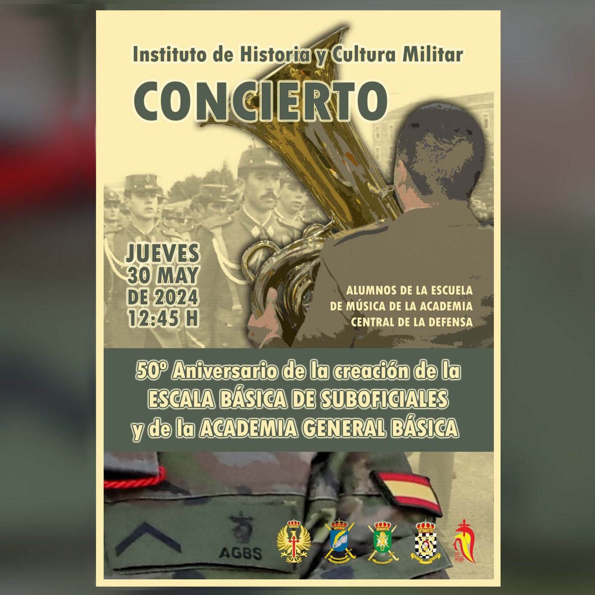 CONCIERTO EN LA SEDE DEL IHCM. Recordamos que el salón de actos del Instituto de Historia y Cultura Militar albergará hoy a las 12:45 horas un concierto, en el marco de los actos organizados con motivo del 50º Aniversario de la creación de la EBS y de la AGBS. #IHCM #AGBS50Años